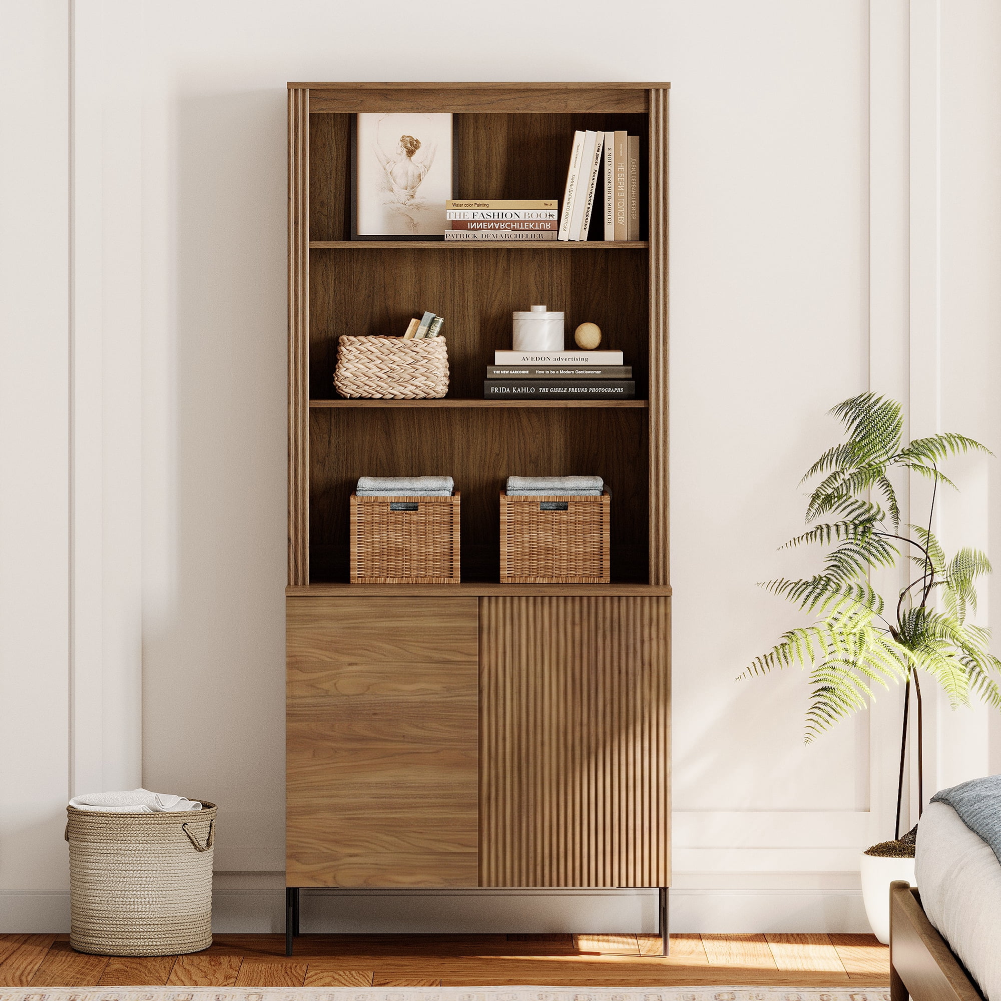 71.6" Tall Modern 5 Tier Bookcase with Storage Cabinet, Wooden Display Cabinet with Fluted Doors and Adjustable Shelves, Versatile Bookshelf for Living Room, Study, Office