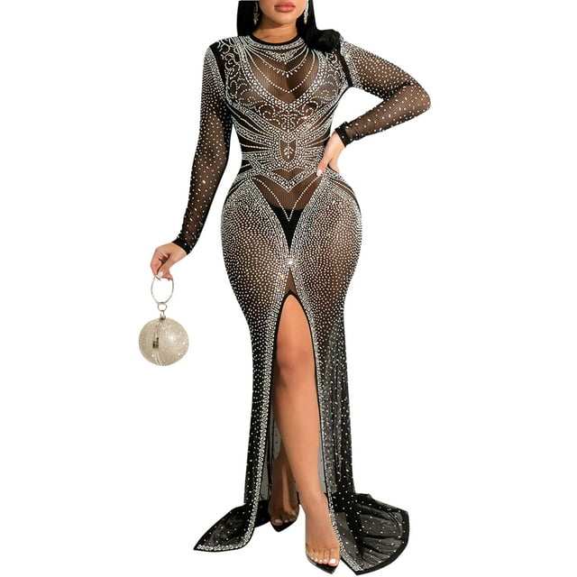 Vestido Nagfar de manga larga para mujer, fiesta de cumpleaños con diamantes de imitación