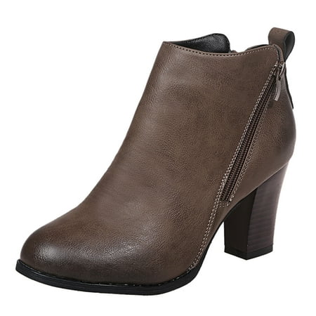 

bvgfsahne Retro Women Leather Square Heel Zipper Solid Color Short Booties Round Toe Shoes