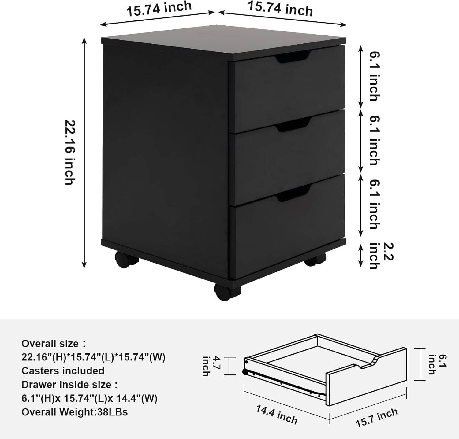 3-Drawer Black Vertical Filing Cabinet Rolling Wood Mobile File Cabinets Under Desk for Home Office with Casters (Black, Fully Assembled)