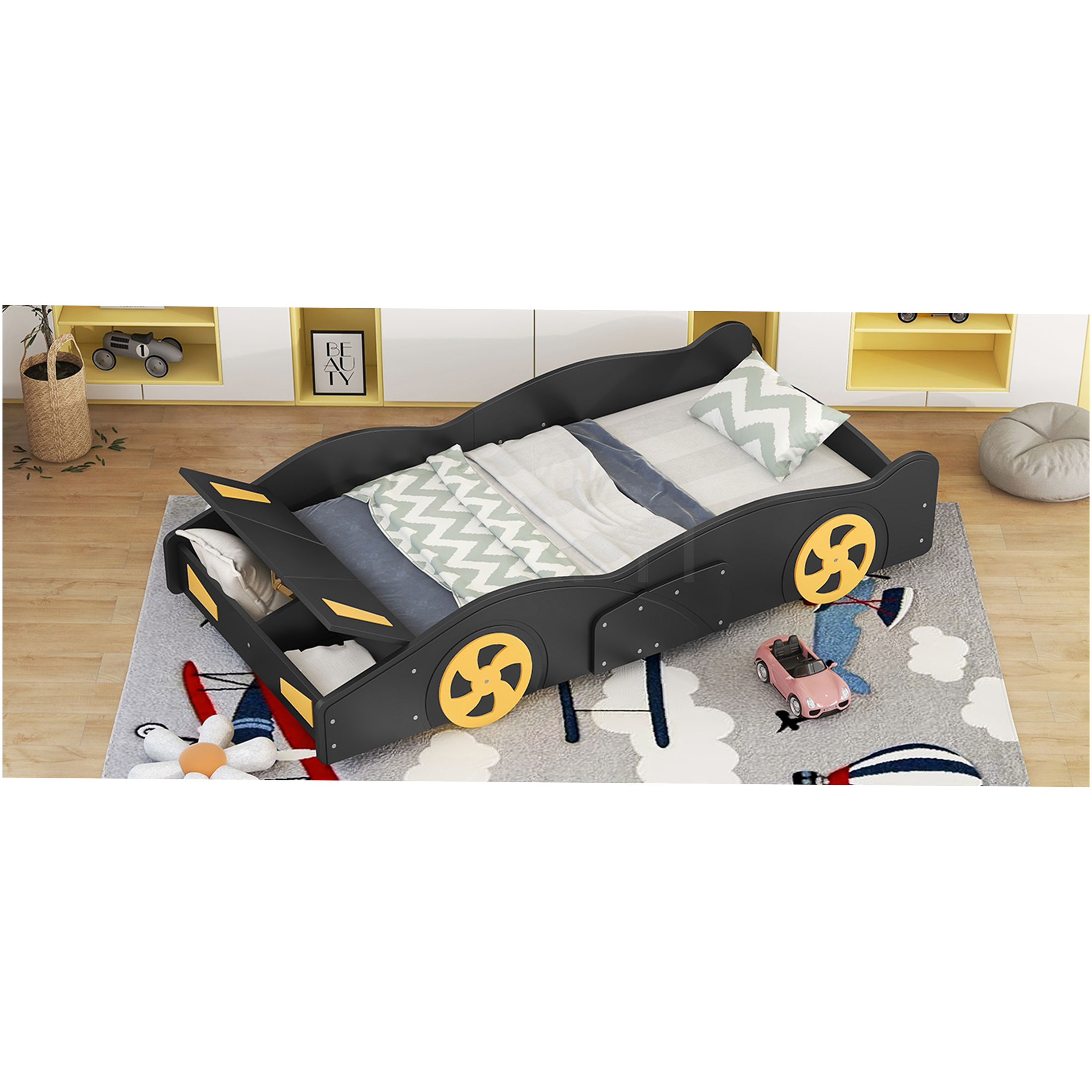 JERFIT Twin Size Race Car Themed Storage Platform Bed Frame with Wheels, Black