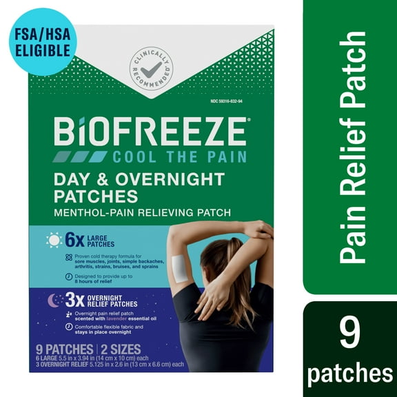 Biofreeze Day & Overnight Pain Relief Patches, for Back Knee Muscle Joint and Arthritis Pain, 9ct Menthol