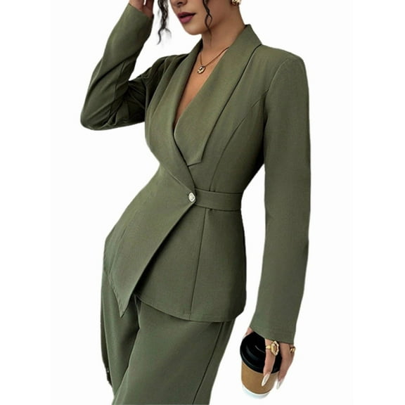 Women'S Long Sleeve Blazer and Straight Leg Pants Two Piece Set Elegant Office Formal Suit Outfit Green M