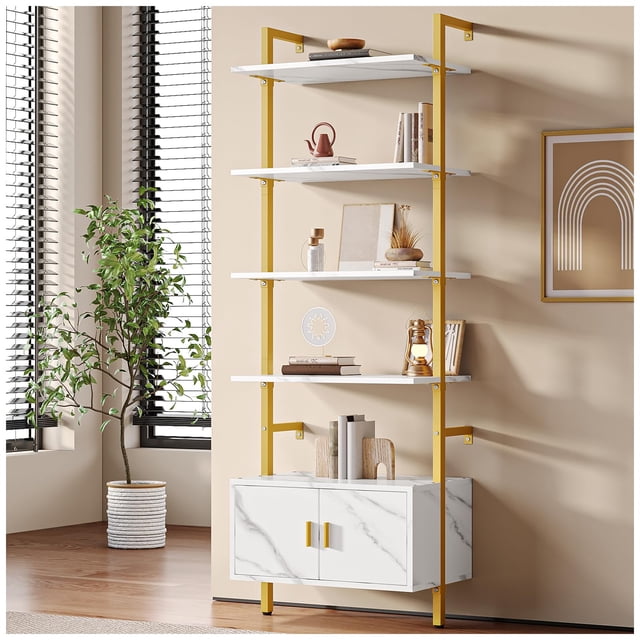 Simple Wisdom 6 Layer Librero Con gabinete, Wall Mounted Librero Organizador, Open Estante Organizador, Librero Madera, Librero Minimalista Suitable for Home Office,Bedroom,Living Room (Blanco Marmol)