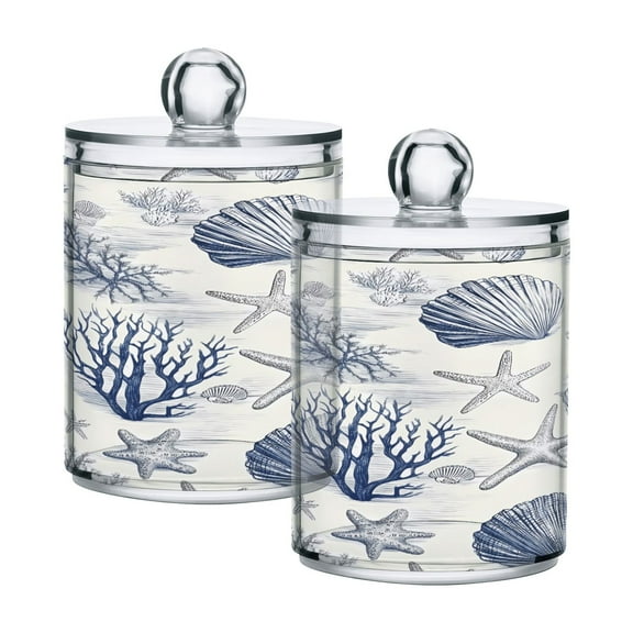 2 Pack Seashells Starfish Seaweed Qtip Holder Dispenser Clear Plastic Storage Apothecary Jars for Cotton Swabs Balls Pads Floss