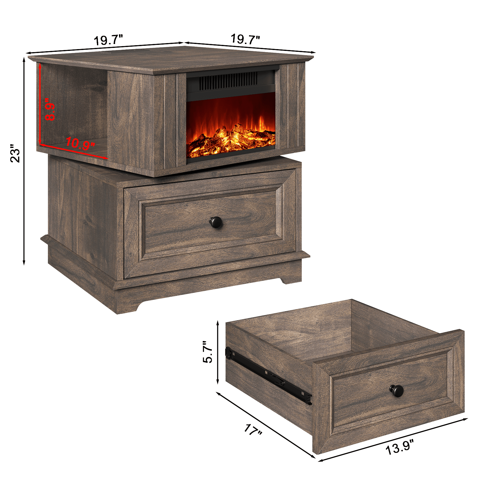 REDAYFUR Rotating End Table with 13" Electric Fireplace Screens, Side Table with Fast Charging Station, 1400W Fireplace Wooden Side Table for Living Room|Bedroom|Office, Brown