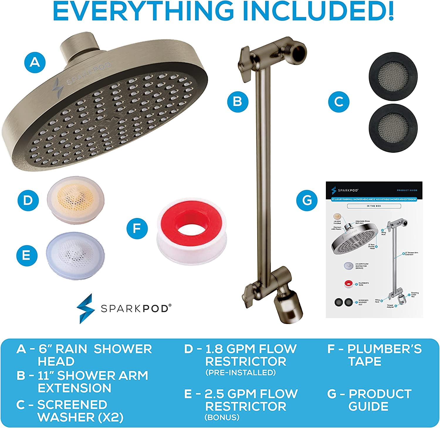 SparkPod Rain Shower Head with Adjustable Extension Arm 11" - High Pressure, Easy Install (6" inch Shower head, Brushed Nickel)