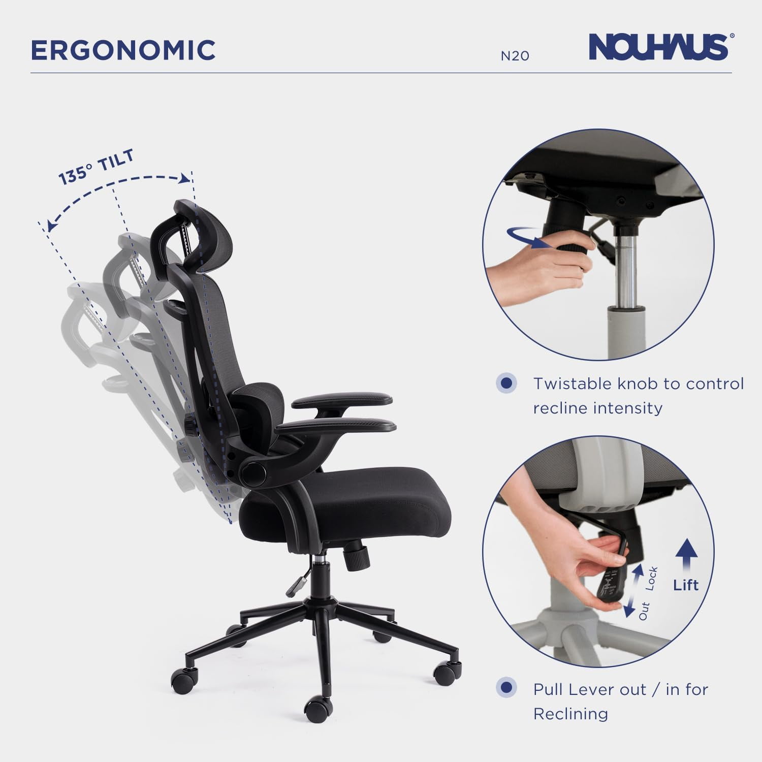 Nouhaus Ergo Fit High Back Ergonomic Mesh Office Chair with Adjustable Lumbar Support for Home Office & Study Room, Black