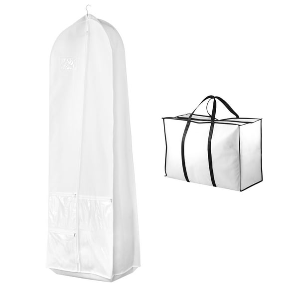 2 Pcs Portable 70.86" Wedding Dress Garment Bag with Bride Tote Bag 8'' Gusseted Dress Bags for Gowns Long 4 Pockets Dress Cover for Women, White