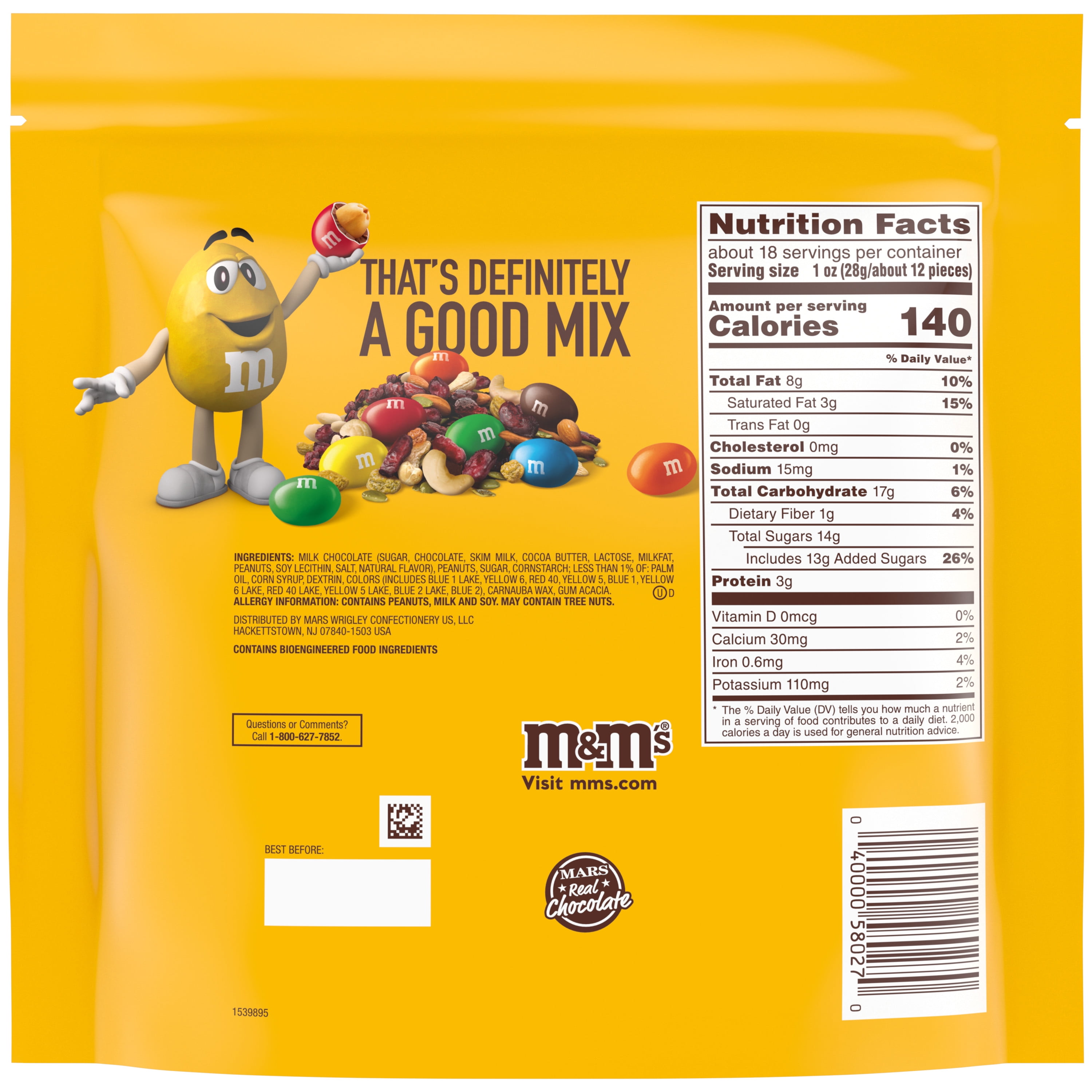 How many m&m's are in the m&m's peanut 45g/1.58 oz bag ?, bag, peanut