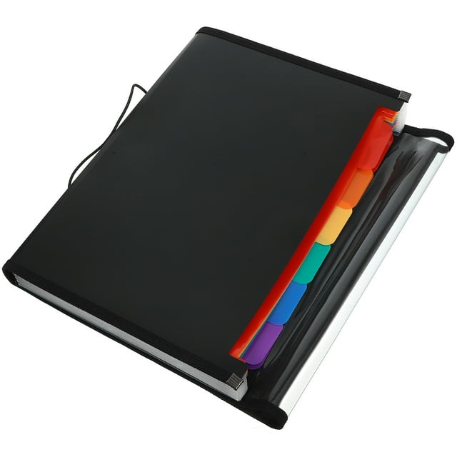 Classeur Accordéon à Soufflet, Classeur Organisateur de documents, Dossier Extensible en Matériau PVC Noir avec Fermeture à Bouton. Comprend des Séparateurs d'Onglets Colorés pour Organiser des documents, des notes et des Dossiers d'Affaires. Idéal pour des solutions de Rangement de documents au Bureau, à l'École Ou à la Maison.