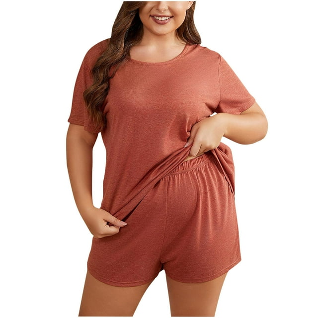 Yuyuzo Ensemble de Pyjama Grande Taille pour Femmes 2 Pcs Tenue à Manches Courtes Col Ras du Cou Vêtements de Nuit Shorts Pjs Ensembles de Détente