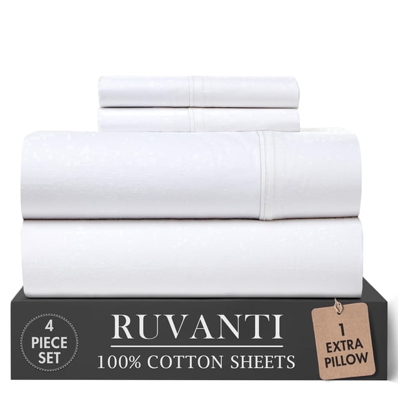 RUVANTI 100% Cotton Percale Sheets Twin Size 4 Piece Set, Cooling Bed Sheets for Hot Sleepers, Deep Pocket 16”, Breathable Lightweight & Durable, Crisp Hotel Style Sheets, Bright White