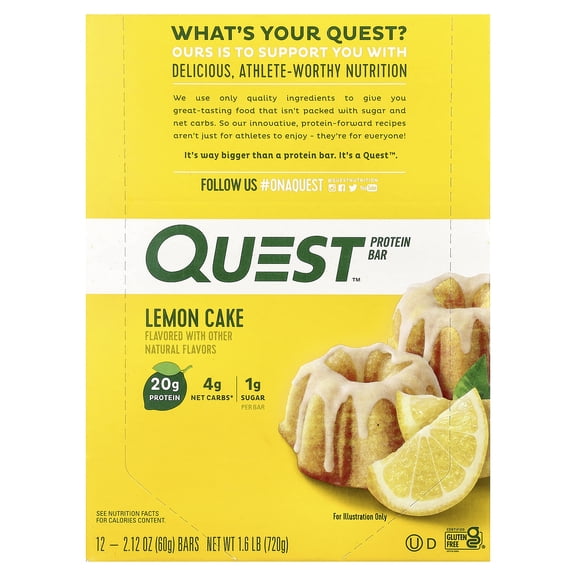 Quest Protein Bar, Lemon Cake Flavored, High Protein, Keto-Friendly, 12 Count