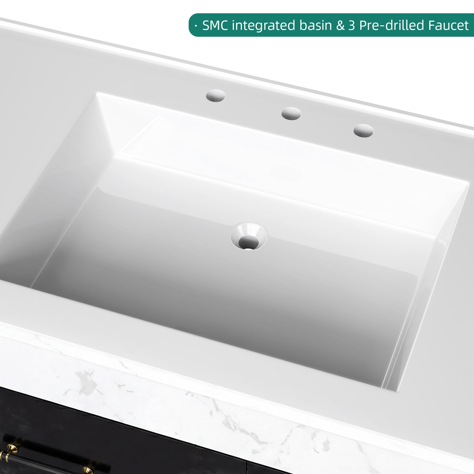 Uforic 37 Inch Floating Bathroom Vanity with Sink, Wall Mounted Bathroom Vanity Cabinet with 2 Drawers & Pre-drilled Three Holes, Modern Black-White Color Block with Marble Texture