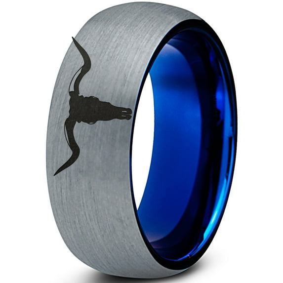 Tungsten Longhorn Texas Bull Horn Band Ring 8mm Men Women Comfort Fit Blue Dome Brushed Gray Polished