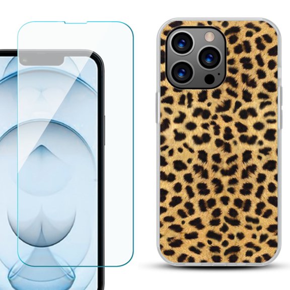 Slim-Fit Gel TPU Phone Case for iPhone 13 Pro Max, with Tempered Glass Screen Protector, by OneToughShield ® - Cheetah Gold/Black