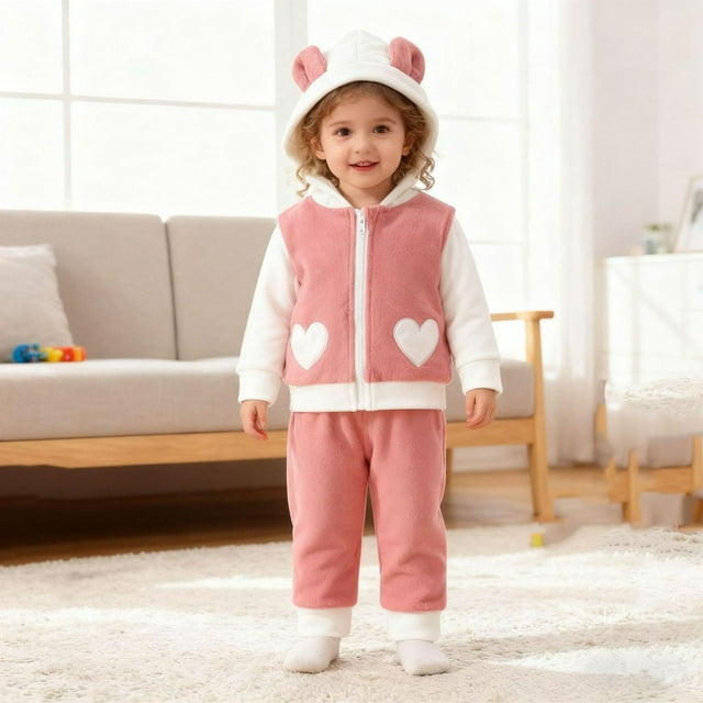 Conjunto de sudadera con capucha de manga larga para niños, forro polar, orejas, cremallera, bordado, color contrastante, pantalones de manga larga, moda infantil, poliéster