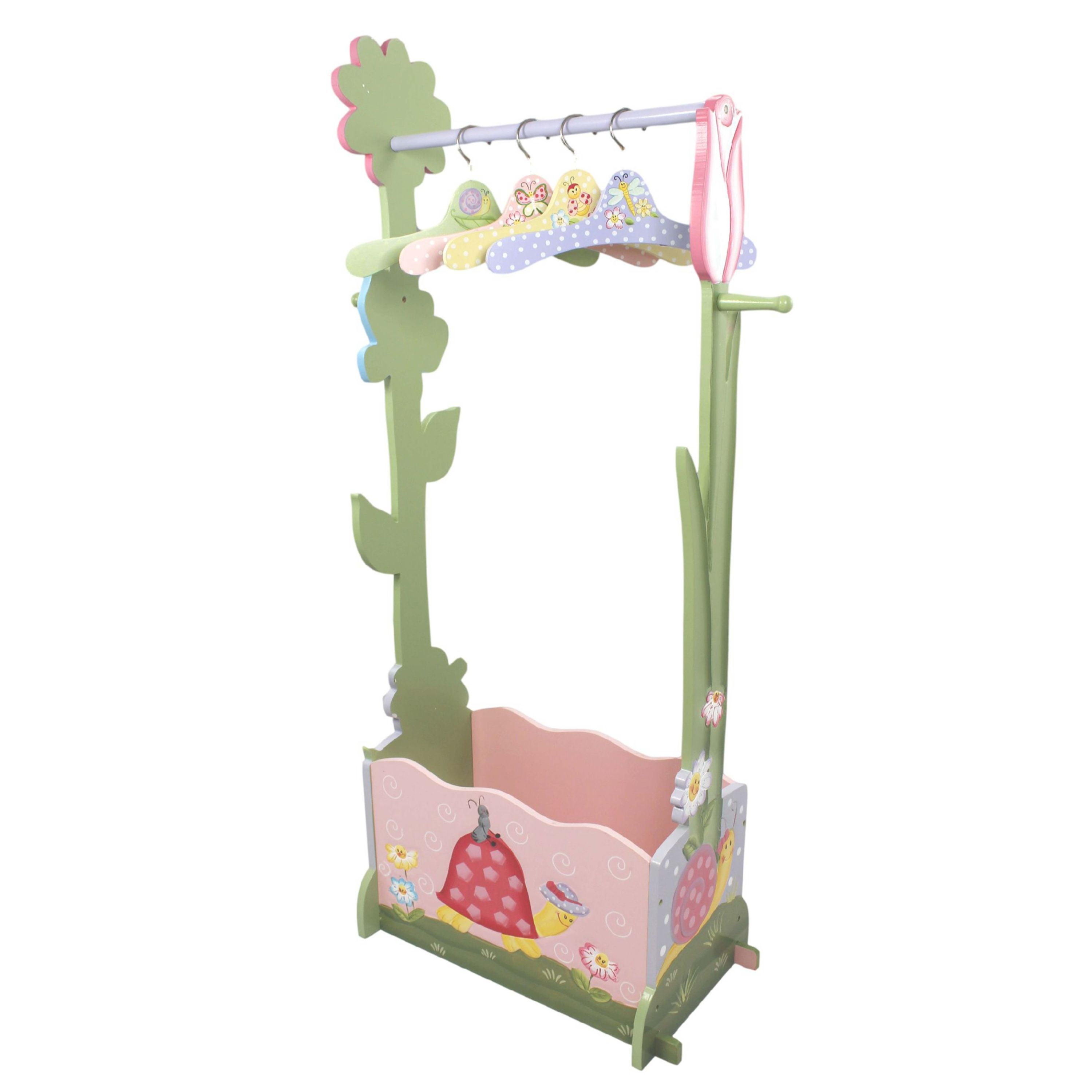 Fantasy Fields Magic Garden themed Pink Book Case Kids Wooden Bookcase with Storage Drawer & Magic Garden themed Wooden Dress Up Storage Station Clothing Rail Rack with Set of 4 Hangers