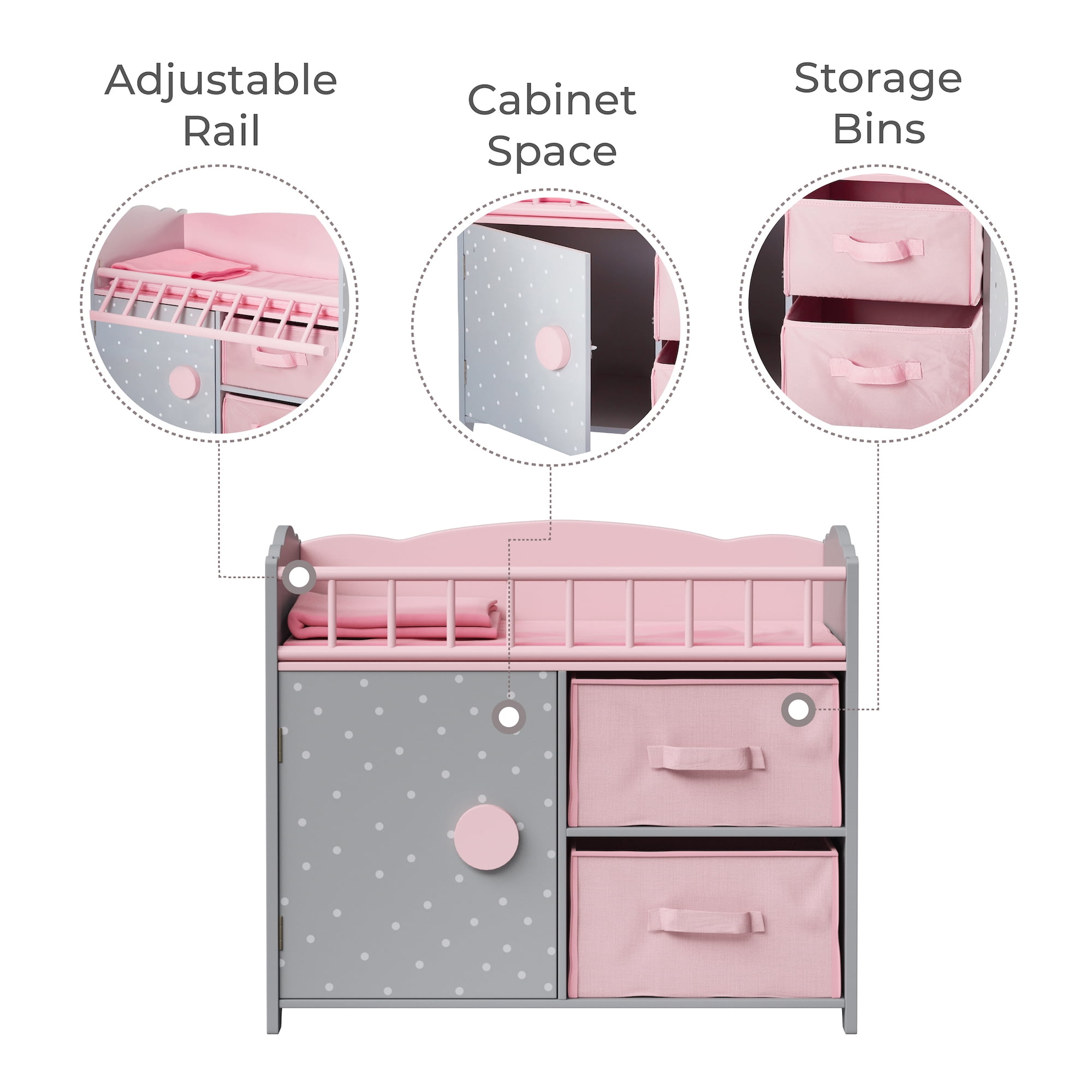 Olivia's Little World Wooden Baby Doll Crib + Under-the-Crib Storage, Pink/Gray
