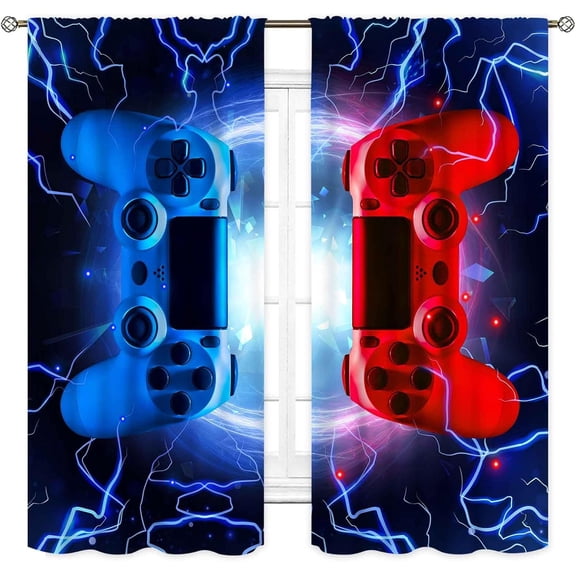 Gaming Curtains for Boys Room - 2 Panels 42"x63" Blue Red Flash Game Controller Design, Gamer Window Drapes for Kids Teens Bedroom Living Room Playroom Decor, Easy Install Pole Pocket