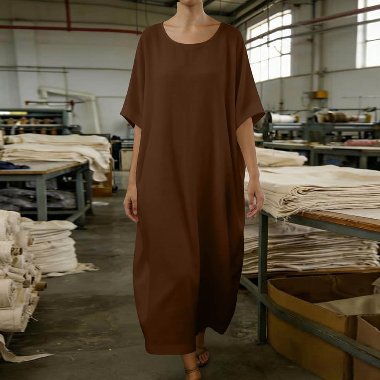 Ovbmpzd Womens Summer Dresses Cotton Linen Brown Maxi Dress Short Sleeve Long  Dresses Holiday Dresses for Women L - Walmart.com