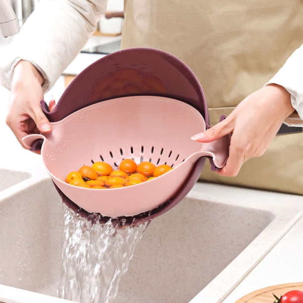Juego de Cestas de Drenaje Plástico Giratorio Doble – Colador de Frutas y Verduras de Doble Capa, 11.85" Amarillo/Rosa/Azul, Colador de Cocina Multiusos con Asas para Lavado y Almacenamiento