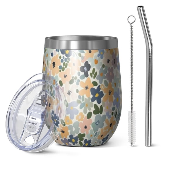 12oz Stemless Wine Tumblers Pioneer Flower Vacuum Insulated Stainless Steel Travel Tumbler Cups Mug with Lid and Straw for Champaign,Cocktail,Beer with Cleaning Brush