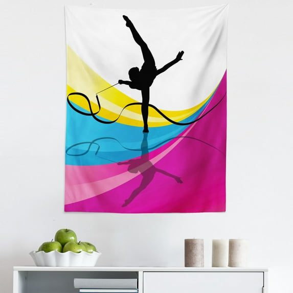 Gymnastics Tapestry, Teenager Silhouette Ribbon Dancing on an Abstract Stripes Background, Fabric Wall Hanging Decor for Bedroom Living Room Dorm, 5 Sizes, Multicolor, by Ambesonne