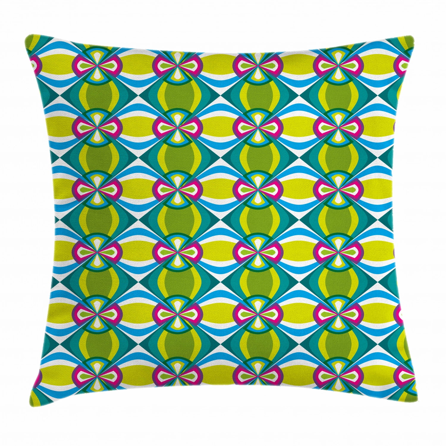 Abstract Throw Pillow Cushion Cover, Geometric Checked Pattern with Floral Motifs Elliptic Curvy
