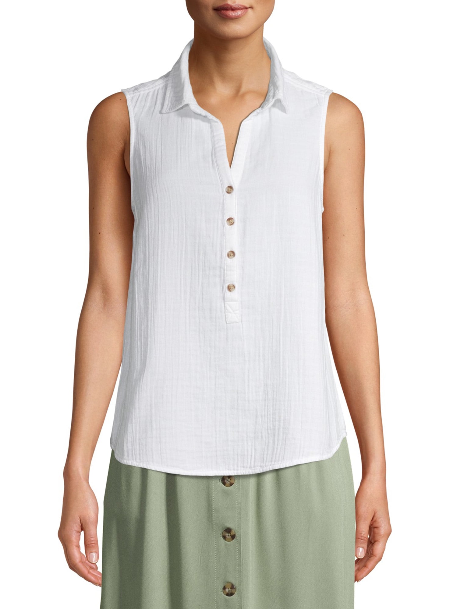 Time and Tru Women's Double Cloth Henley Popover Tank Top