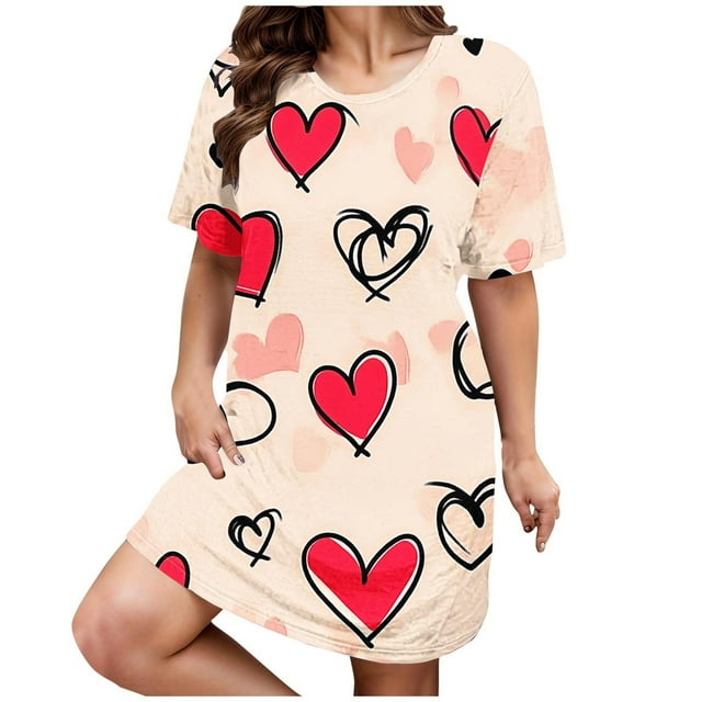 RANJIE Chemise de Nuit de la Saint-Valentin pour Femme à Imprimé de Cœurs, Manches Courtes, Robe de Sommeil, Vêtement de Nuit, Beige 5TG
