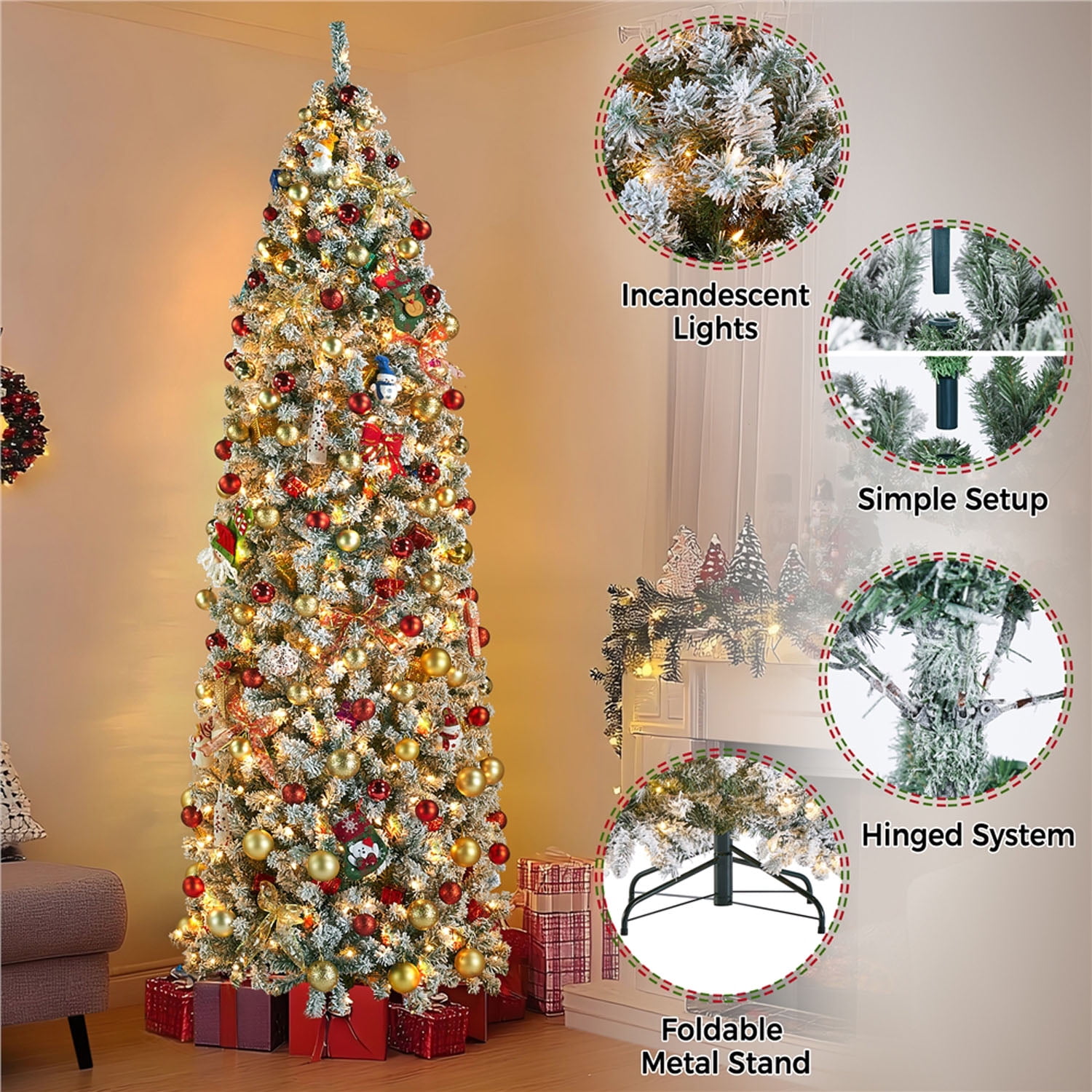 Alden Design 9ft Pre-Lit Flocked Pencil Christmas Tree with Warm White LED Lights, Green