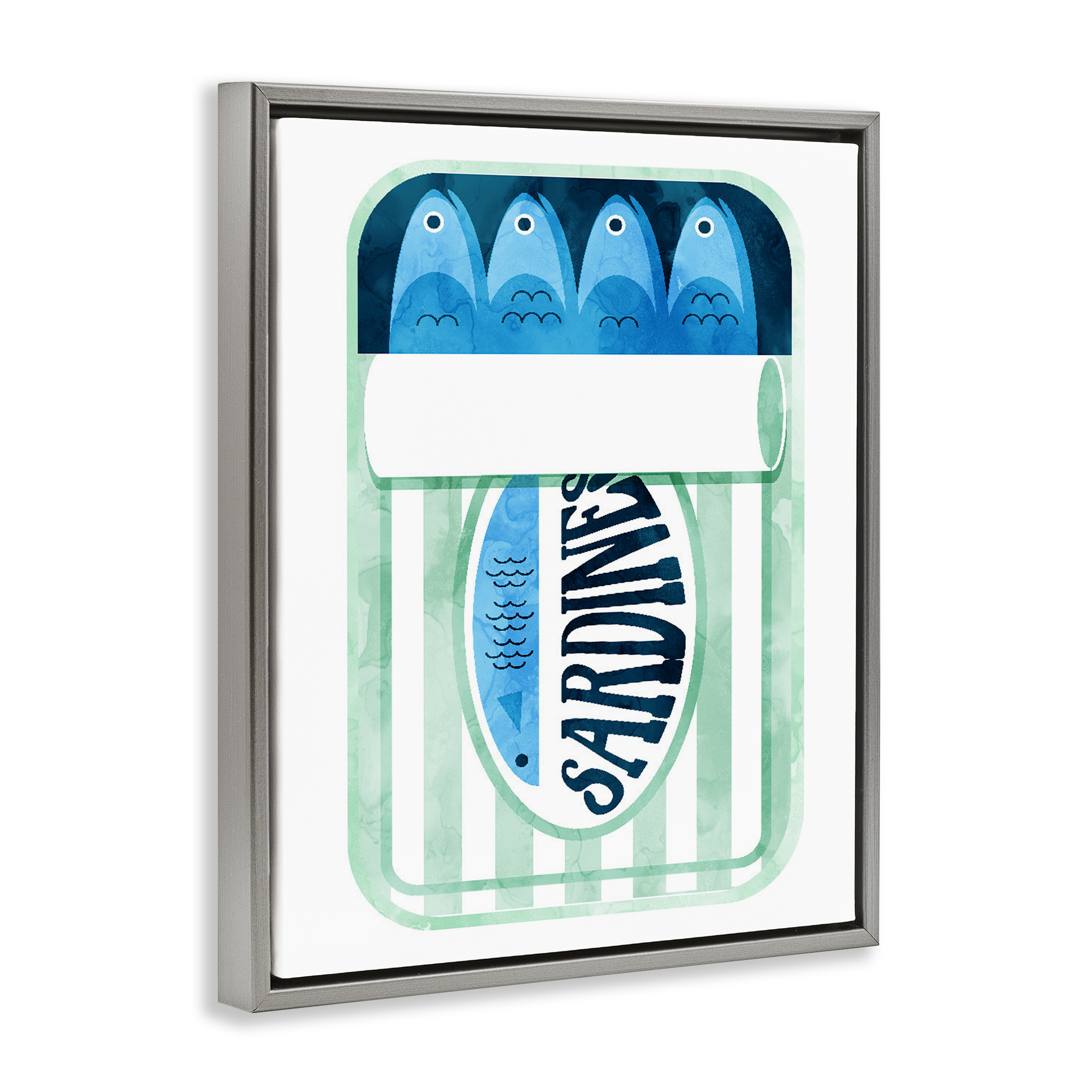 Green Stripe Sardine Tin Gray Framed Floater Canvas Wall Art, design by Daphne Polselli