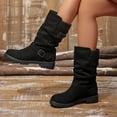 thumbnail image 2 of Women Buckle Strap Ruched Mid Calf Boots Faux Suede Solid Color Round Toe Block Mid Heel Winter Casual Boots Indoor Outdoor Daily Wear US Size 5 To 9 Black, 2 of 8