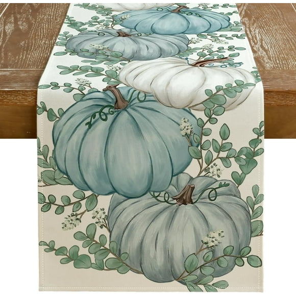 Chemin de Table d'Automne, 13x72 Pouces Citrouilles Feuilles Décoration de Table de Ferme pour Cuisine Salle à Manger, Dîner Intérieur Extérieur (Citrouilles Bleues) GT110-72