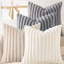 4 Pieces Faux Fur Fall Throw Pillow Covers 18x18, Decorative Soft Plush Striped Neutral Couch Euro Pillow Covers with Velvet Back for Sofa Bed Living Room Home Decor Xmas Gifts Birthday Gifts