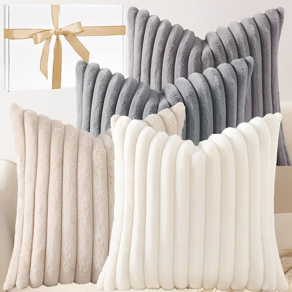 4 Pieces Faux Fur Fall Throw Pillow Covers 18x18, Decorative Soft Plush Striped Neutral Couch Euro Pillow Covers with Velvet Back for Sofa Bed Living Room Home Decor Xmas Gifts Birthday Gifts