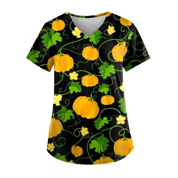 Halloween Scrubs for Women Nurse Vet Pediatric with Designs Plus Size Nursing Uniforms Cute Demon Cat Scrub Tops