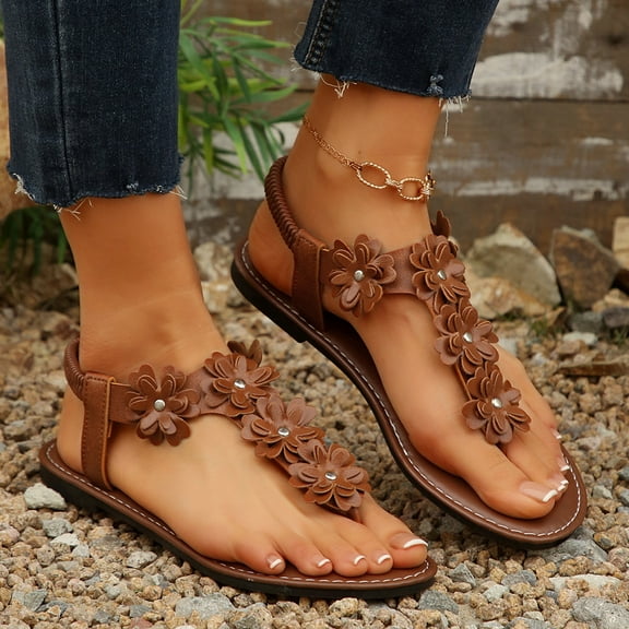 THDHVS Womens Dress Shoes,Sandals Women,Comfortable Bohemian Flats Elastic Ankle Strap Walking Beach Shoes Brown 8.5