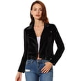 thumbnail image 1 of Women's Velvet Zipper Lapel Collar Moto Biker Jacket Black M, 1 of 7