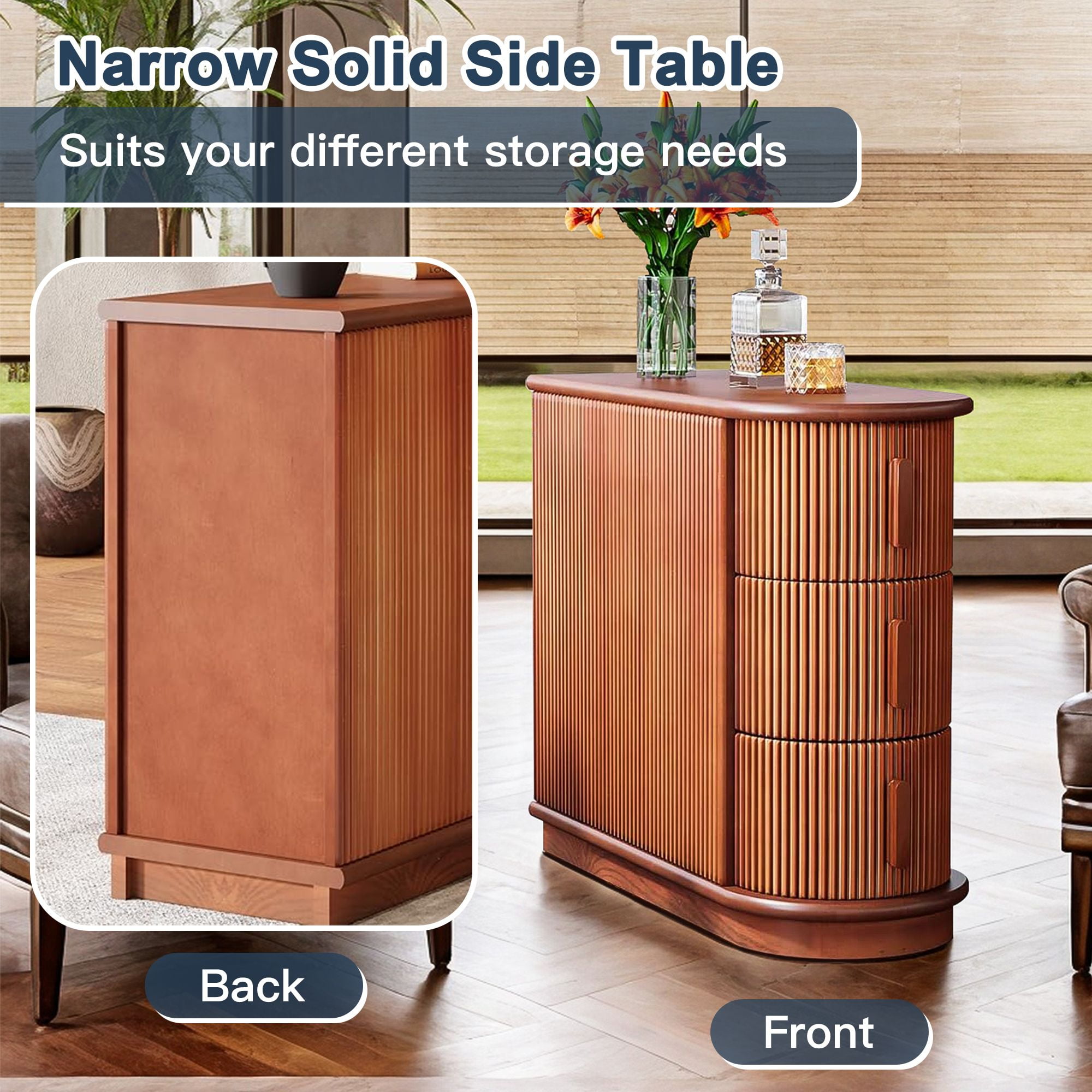 Demi Bonn Narrow Side Table with 3 Drawers, Wood Side End Table, Nightstand and Bedside Table with Storage, for Small Spaces, Brown