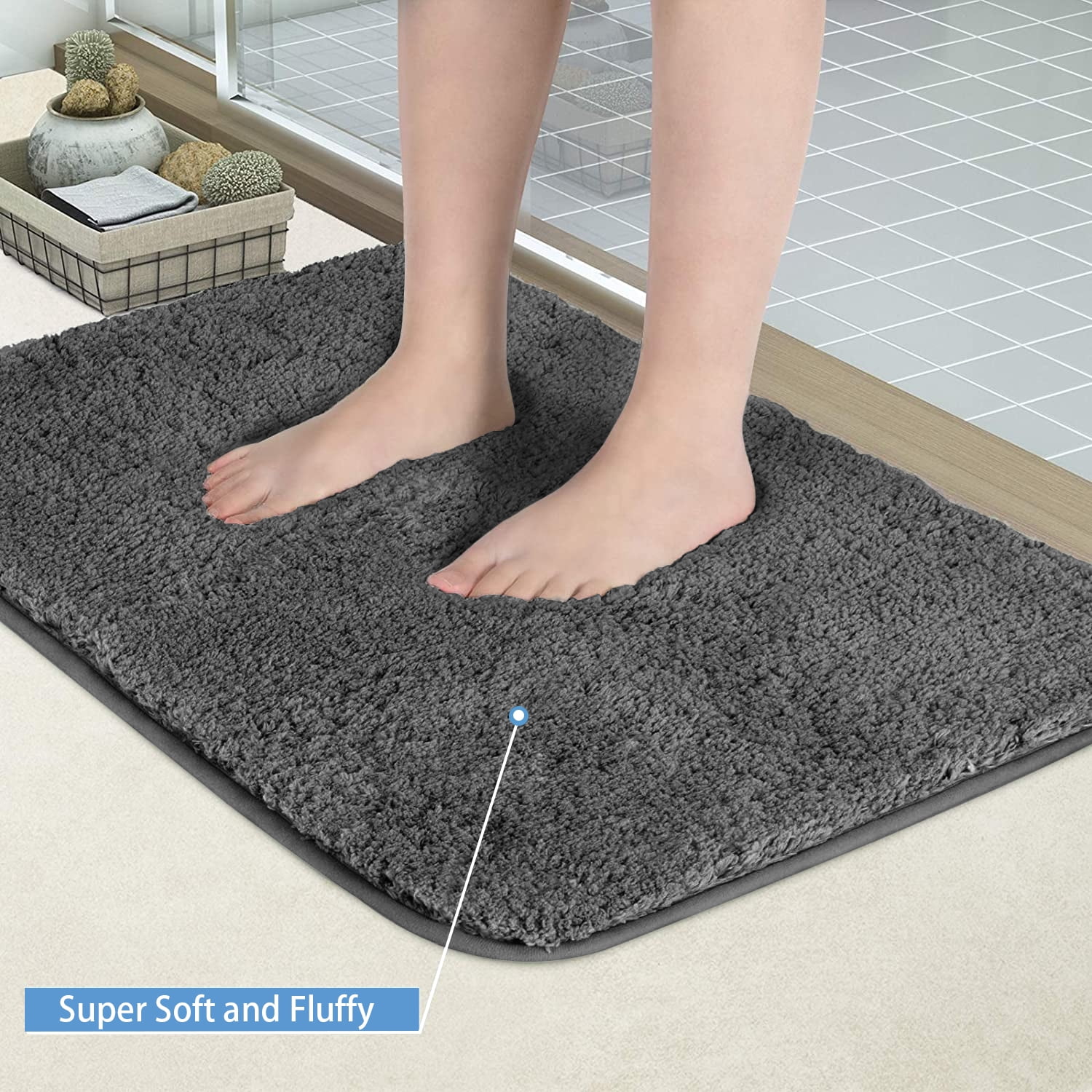 Large Gray Bathroom Rugs, 24"×47" Absorbent Shaggy Shower Mat, Microfiber Bath Mats for Bathroom, Luxury Bathroom Floor Mats Rubber Back