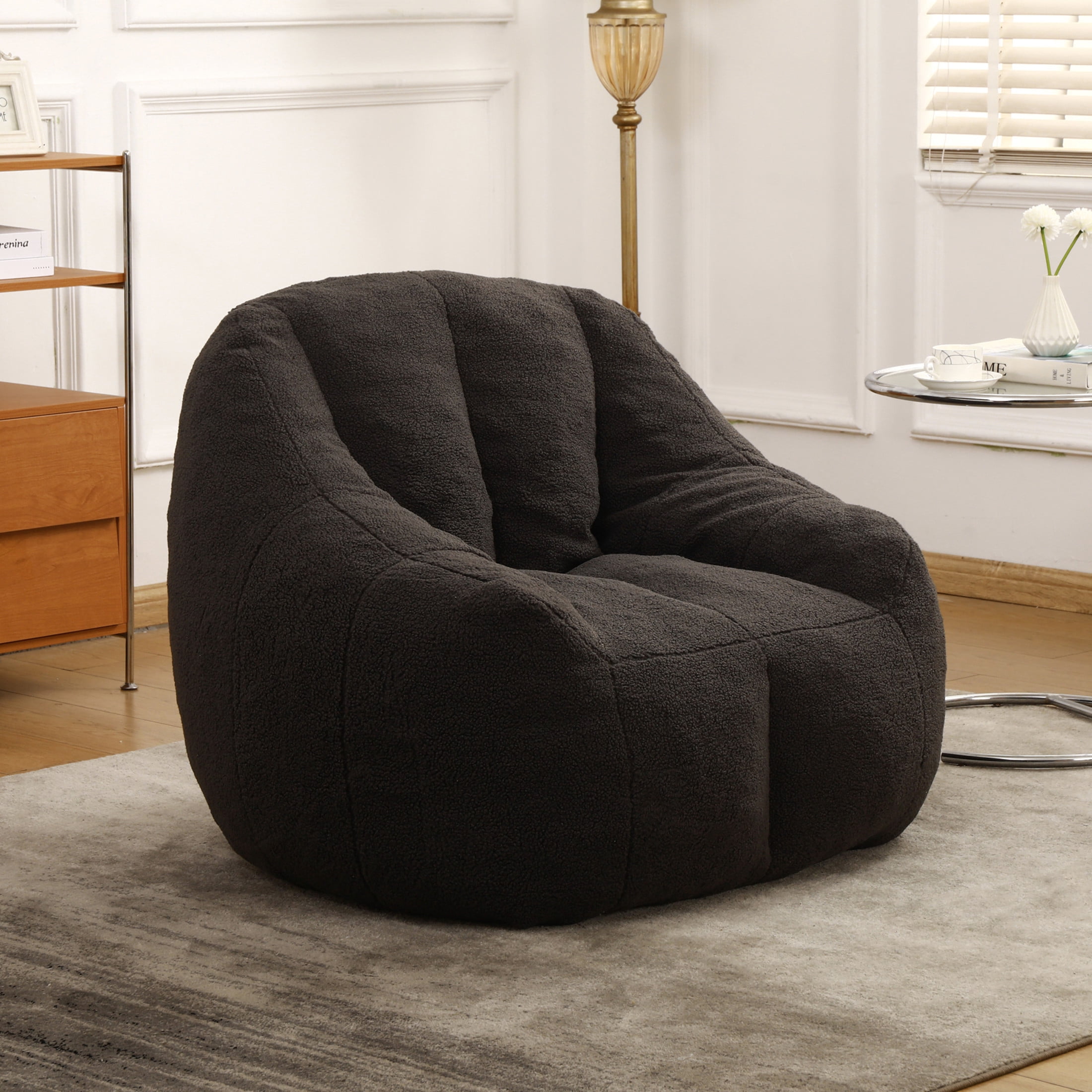 Noble House Halden Comfy Faux Fur Bean Bag Chair, Tufted Soft Memory Foam Lazy Sofa, for Living Room, Dark Gray