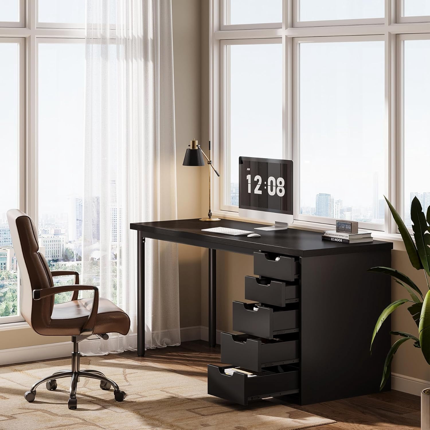 Modern Simple Computer Desk, 47 Inches PC Desk with 5 Reversible Drawers