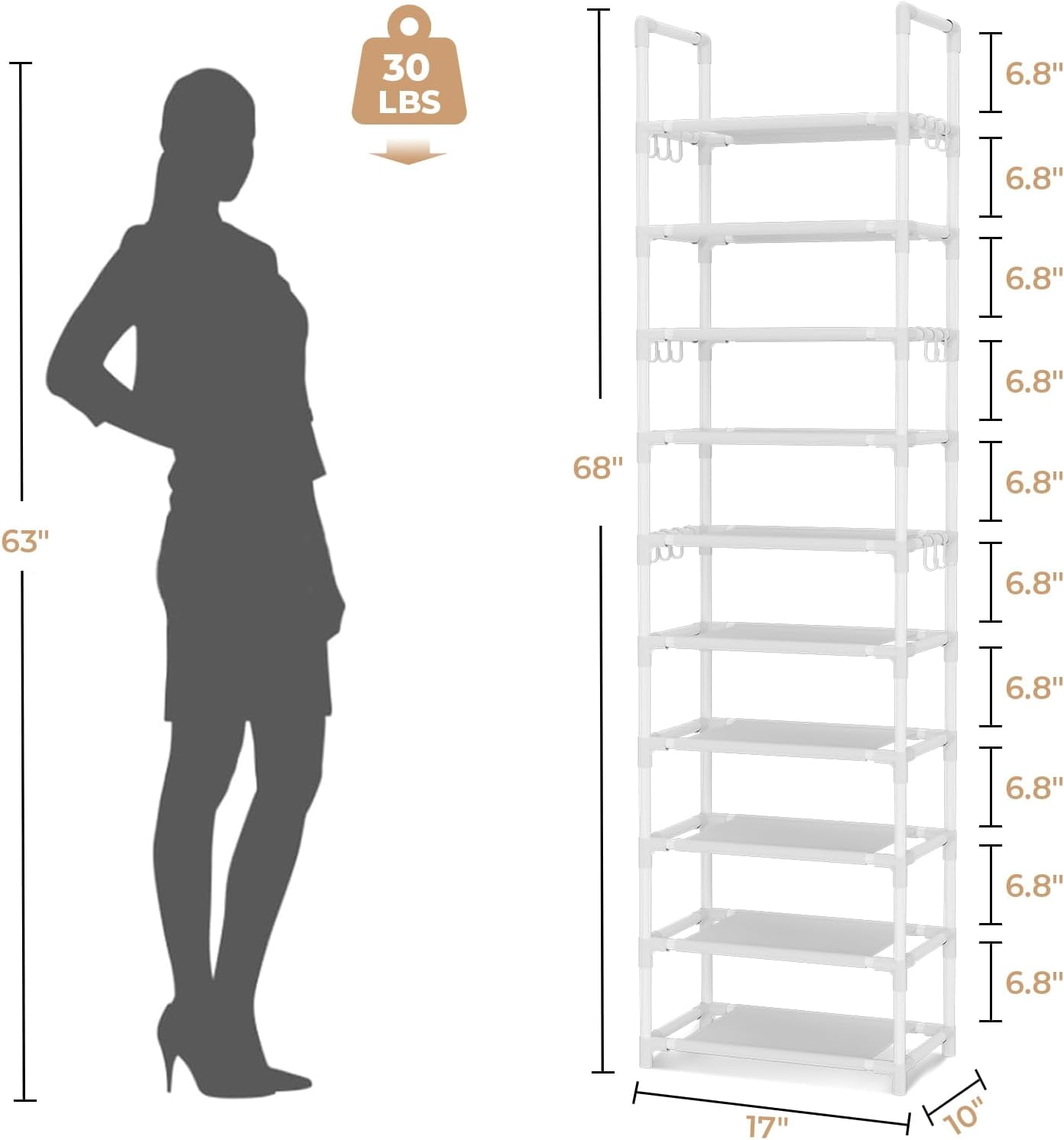 10 Tiers Tall Shoe Rack Holds 20-25 Pairs of Shoes Sturdy Vertical Shoe Organizer with 18pcs Hooks Stackable Narrow Shoe Rack for Closet, Entryway White