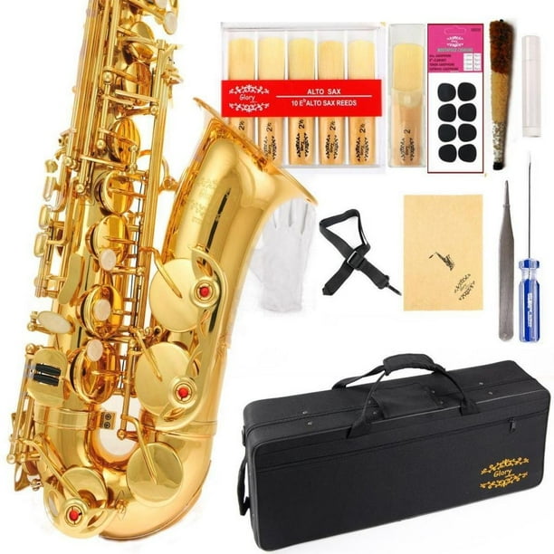 Saxofón Alto Glory Gold Laquer E Flat con 11 cañas, 8 almohadillas, cojines, estuche y kit de cuidado