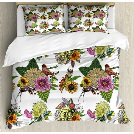 Botanical Duvet Cover Set King Size Roses Dahlia Hibiscus With