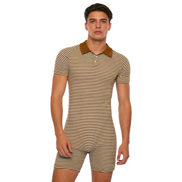 TTAO Men's One Piece Striped Romper V Neck Short Sleeve Button Crotch Romper Bodysuit Nightwear Brown XL