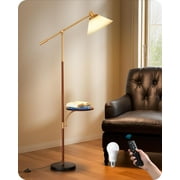 68" Arc Floor Lamp with Table, Vintage Standing Lamp for Living Room with Tray, Tall Reading Lamp, Beige Shade, Adjustable Arm, Remote Dimmable Bulb Included, for Bedroom Office, Wood Grain